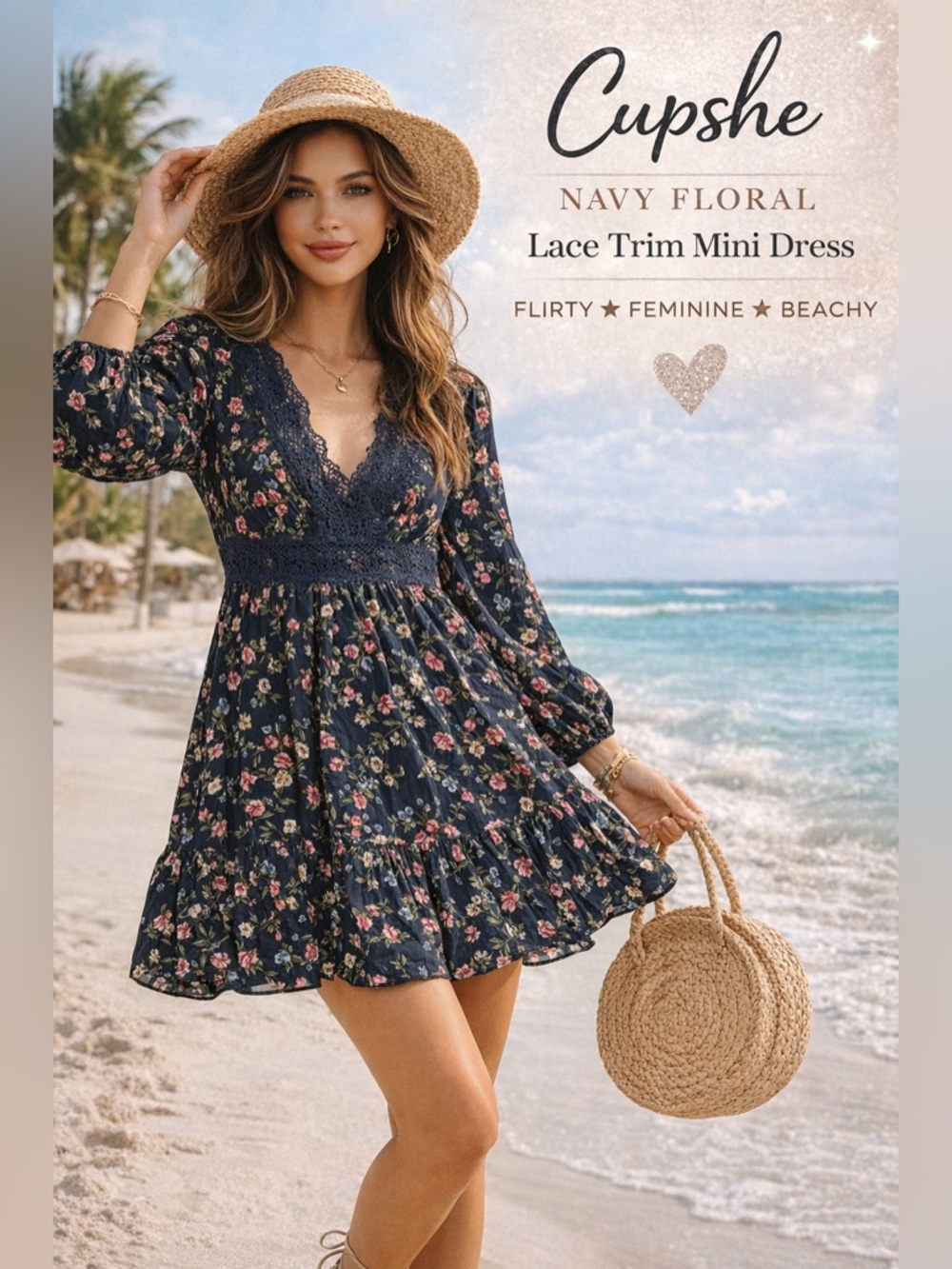 Cupshe Navy Floral Lace Trim Mini Dress – Size Large NWT 🌸